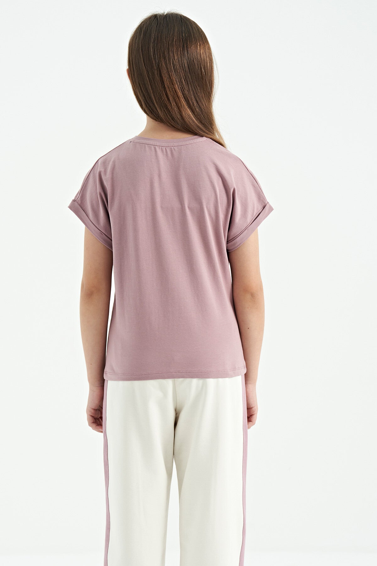 Dried Rose O Collar Low Shoulder Comfort Fit Short Sleeve Girls T-Shirt - 75128