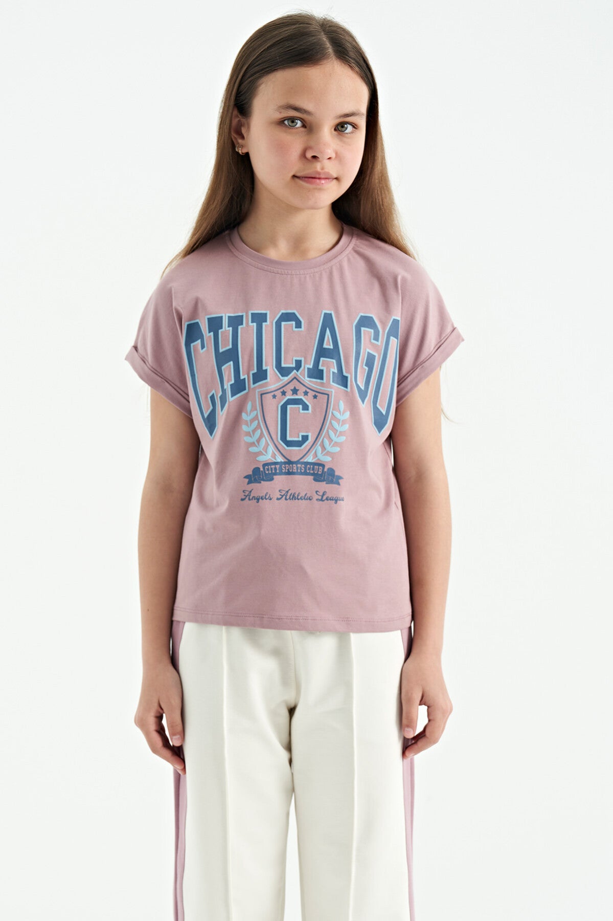 Dried Rose O Collar Low Shoulder Comfort Fit Short Sleeve Girls T-Shirt - 75128