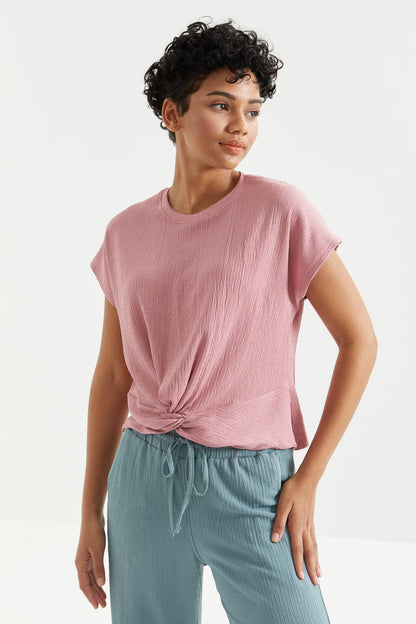 Dried Rose O Neck Front Gather Detailed Crinkle Fabric Women's Crop Top T-Shirt - 97228