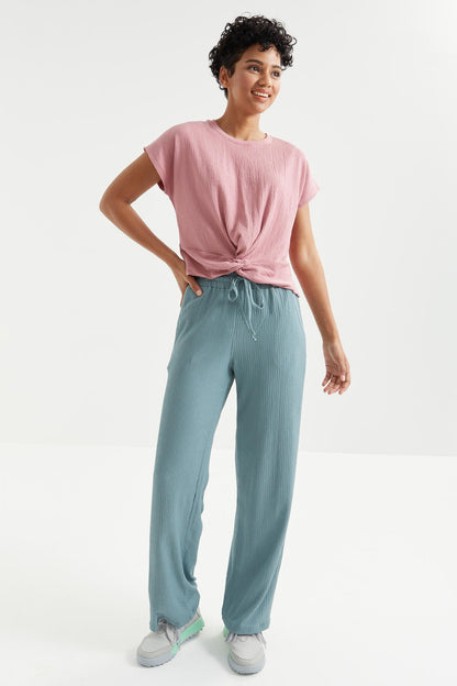 Dried Rose O Neck Front Gather Detailed Crinkle Fabric Women's Crop Top T-Shirt - 97228