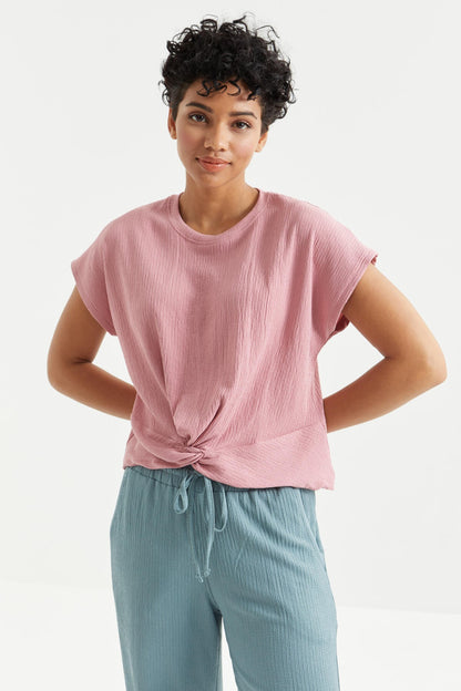 Dried Rose O Neck Front Gather Detailed Crinkle Fabric Women's Crop Top T-Shirt - 97228