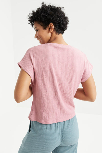 Dried Rose O Neck Front Gather Detailed Crinkle Fabric Women's Crop Top T-Shirt - 97228