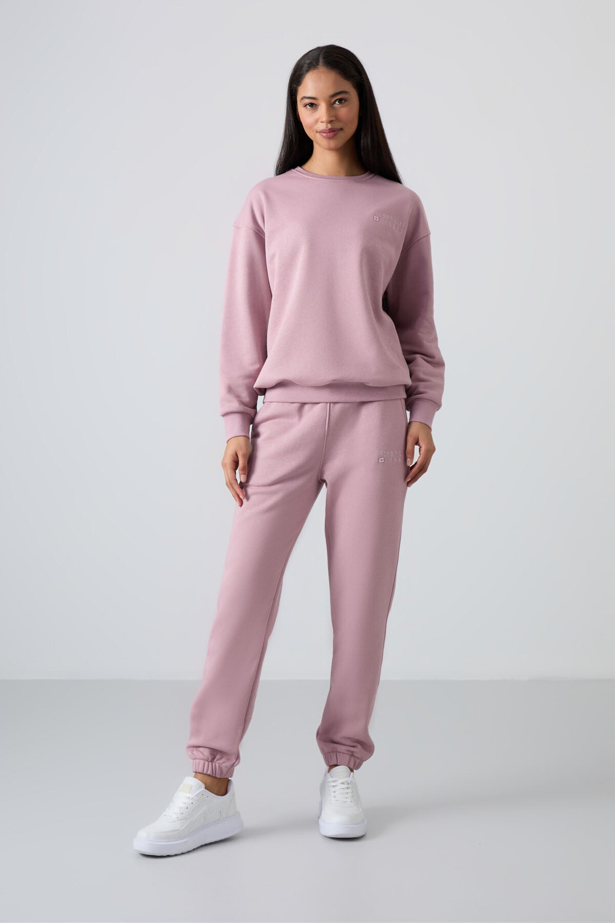 Dried Rose Basic Cotton O-Neck Oversize Elastic Cuffed Women's Tracksuit Set - 95287