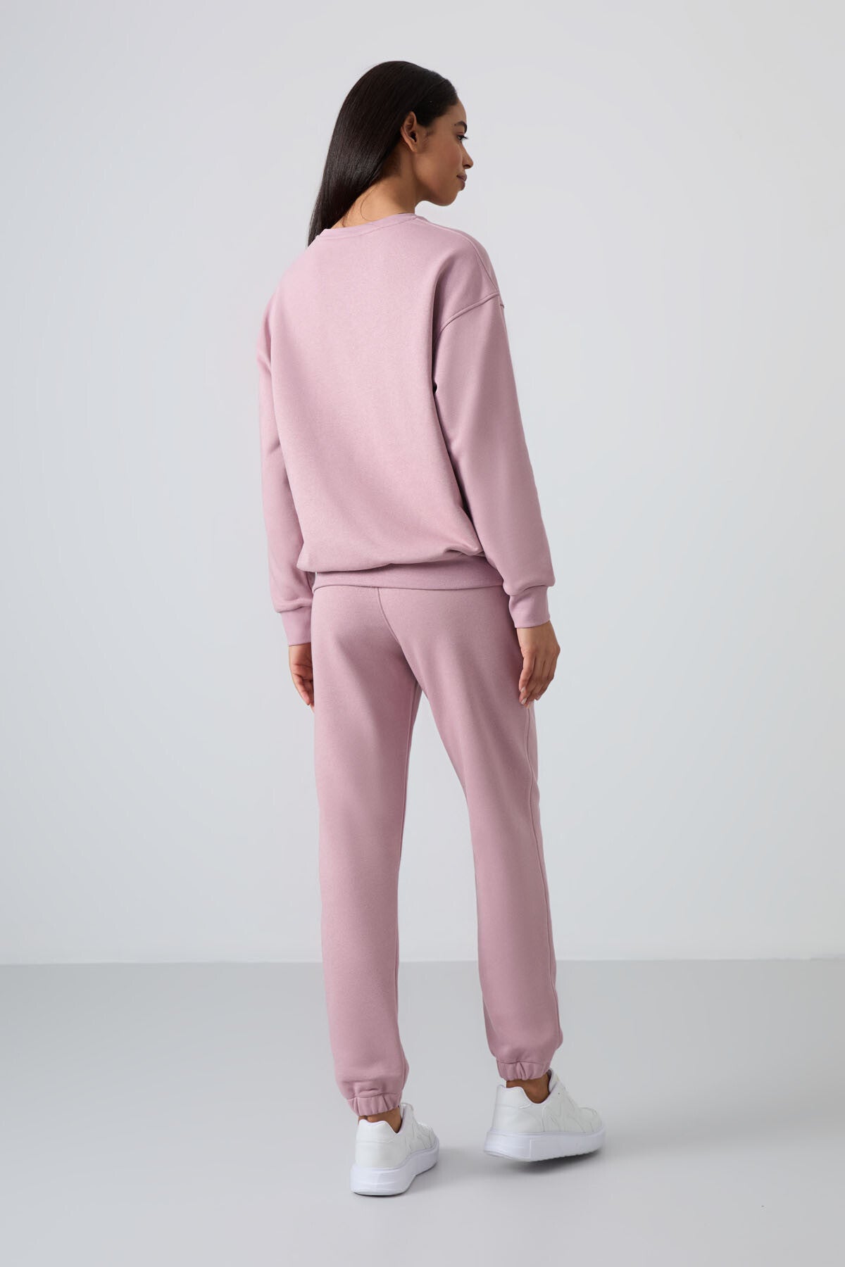 Dried Rose Basic Cotton O-Neck Oversize Elastic Cuffed Women's Tracksuit Set - 95287