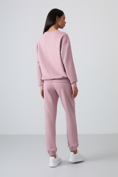 Dried Rose Basic Cotton O-Neck Oversize Elastic Cuffed Women's Tracksuit Set - 95287
