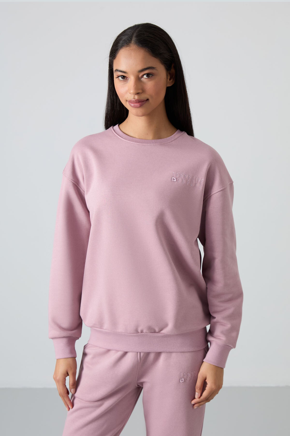 Dried Rose Basic Cotton O-Neck Oversize Elastic Cuffed Women's Tracksuit Set - 95287