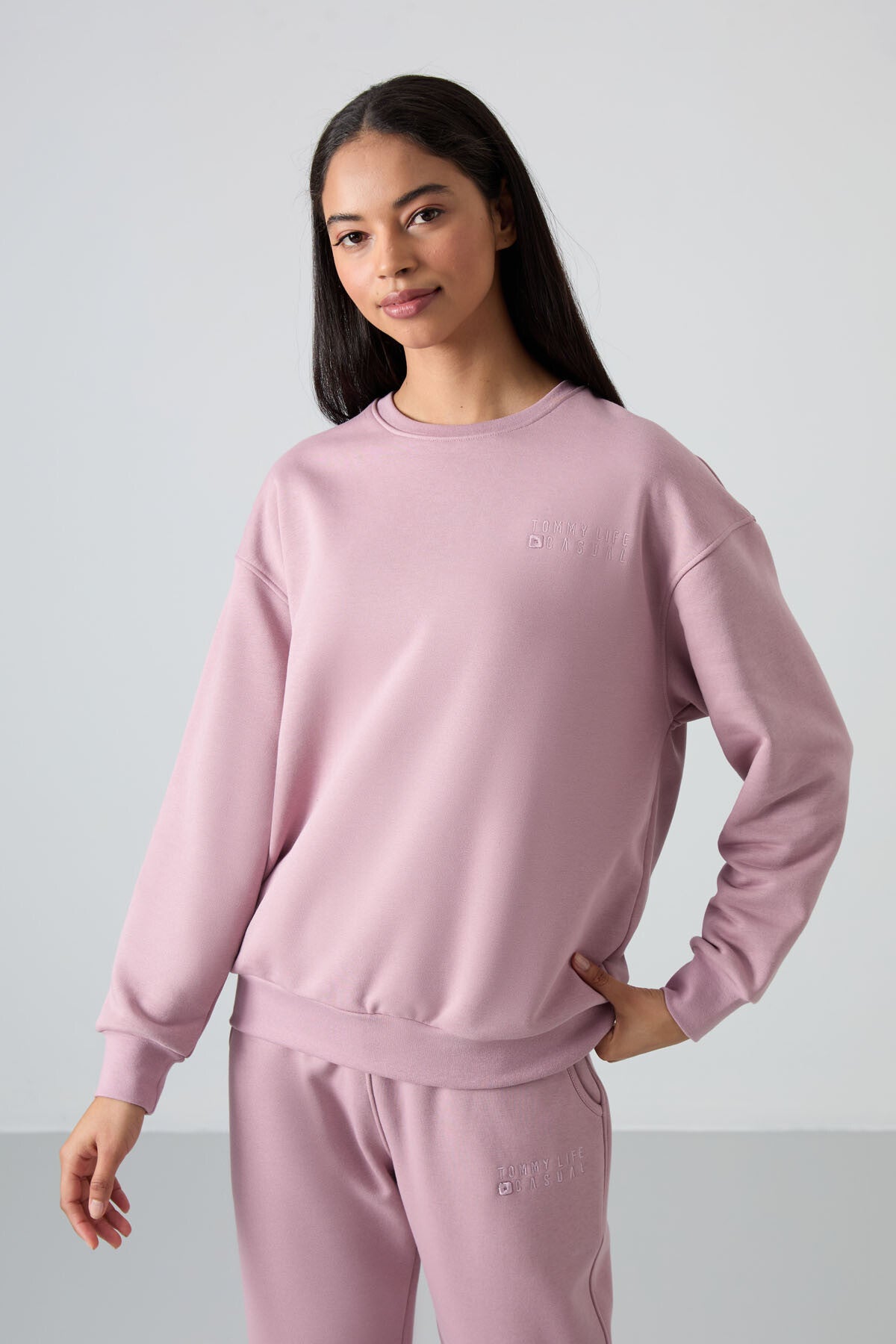 Dried Rose Basic Cotton O-Neck Oversize Elastic Cuffed Women's Tracksuit Set - 95287