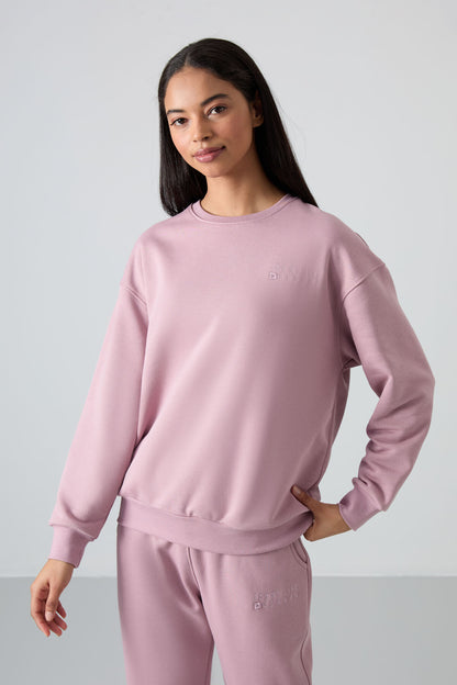 Dried Rose Basic Cotton O-Neck Oversize Elastic Cuffed Women's Tracksuit Set - 95287