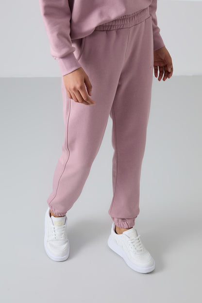 Dried Rose Basic Cotton O-Neck Oversize Elastic Cuffed Women's Tracksuit Set - 95287