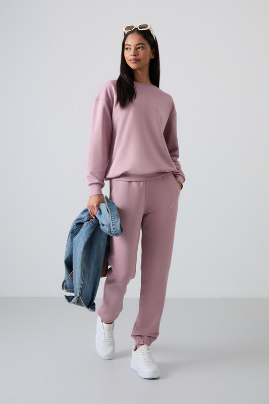 Dried Rose Basic Cotton O-Neck Oversize Elastic Cuffed Women's Tracksuit Set - 95287