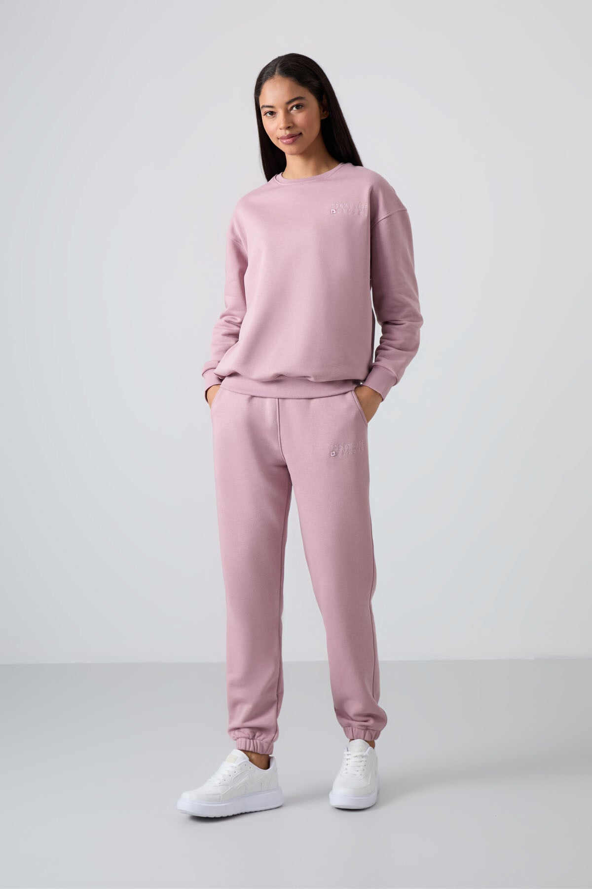 Dried Rose Basic Cotton O-Neck Oversize Elastic Cuffed Women's Tracksuit Set - 95287