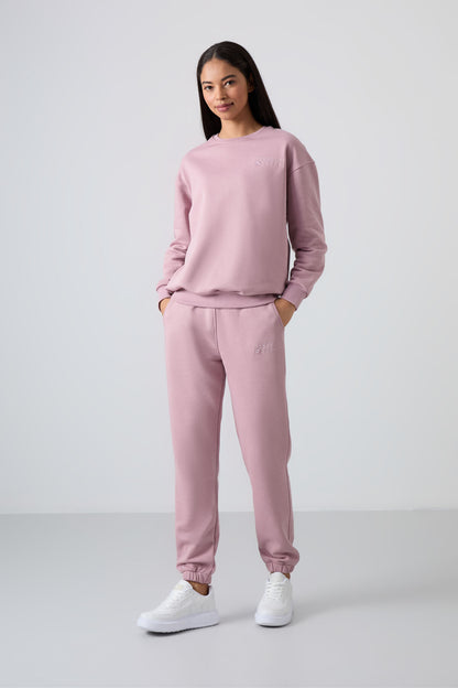 Dried Rose Basic Cotton O-Neck Oversize Elastic Cuffed Women's Tracksuit Set - 95287