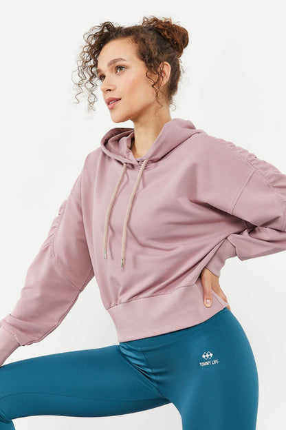 Dried Rose Shoulder Gather Detailed Balloon Sleeve Comfort Fit Women's Sweatshirt - 97166