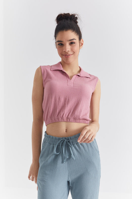 Dried Rose Polo Collar Beli Elastane Crinkle Fabric Women's Crop Top T-Shirt - 97223