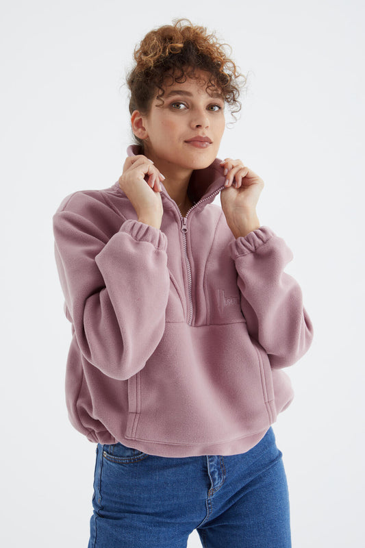 Dried Rose Half Zipper Skirt with Gathered Hem Women's Polar Oversize Sweatshirt - 97171