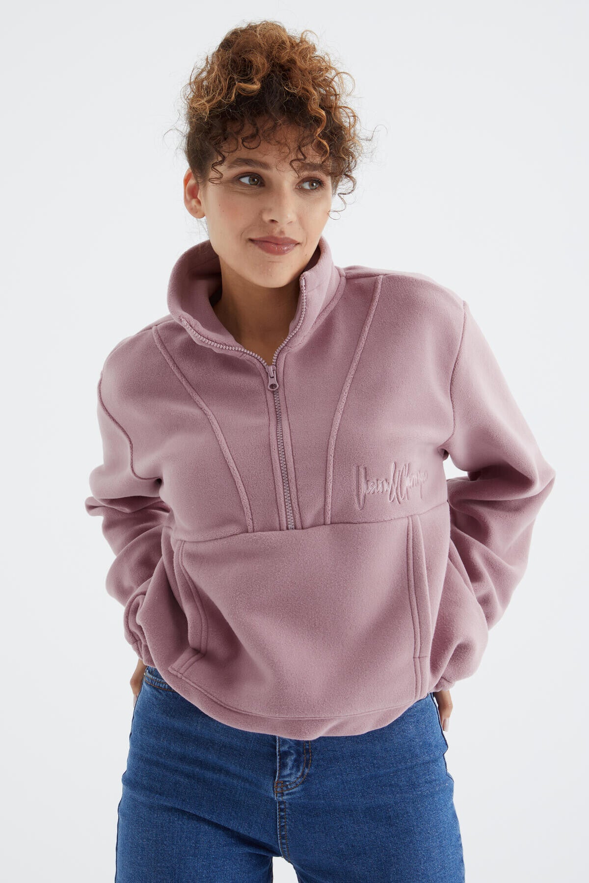 Dried Rose Half Zipper Skirt with Gathered Hem Women's Polar Oversize Sweatshirt - 97171