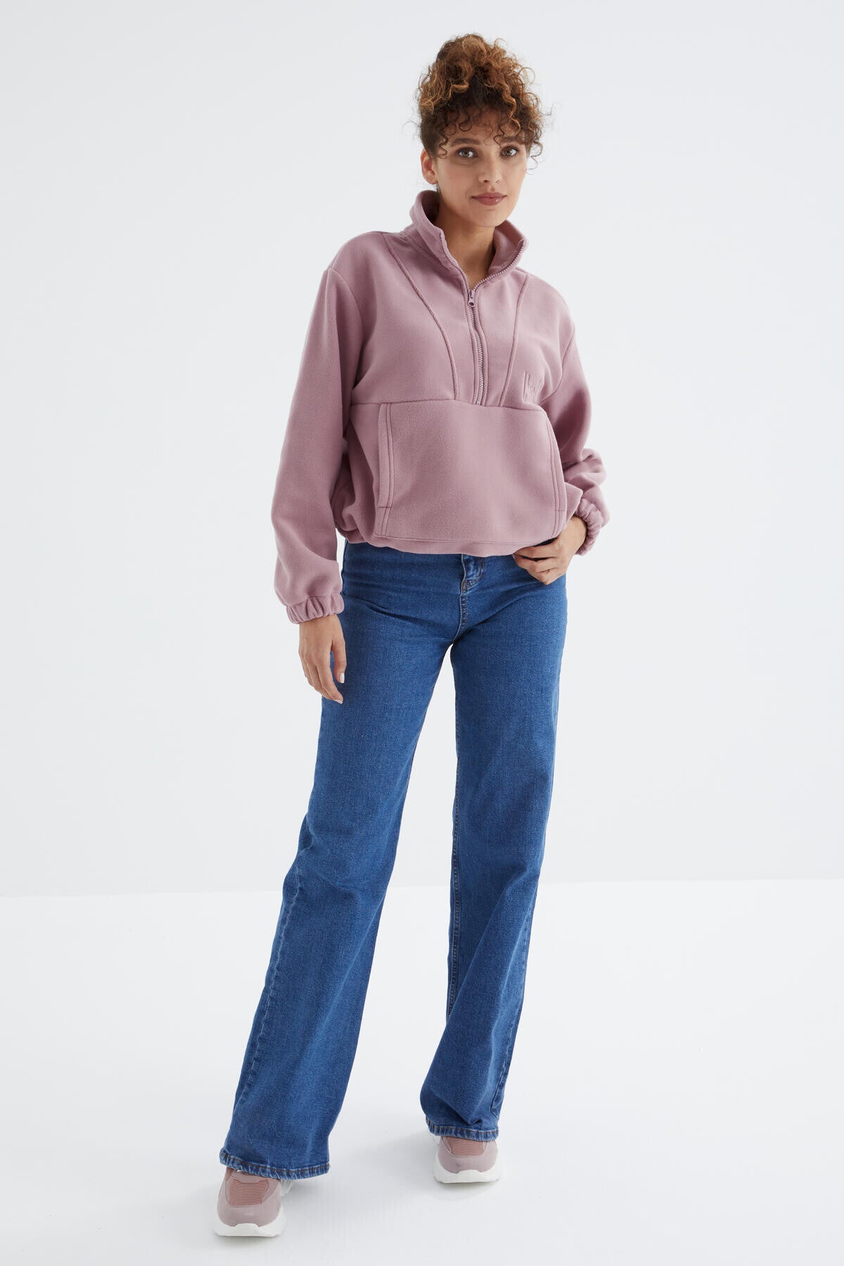 Dried Rose Half Zipper Skirt with Gathered Hem Women's Polar Oversize Sweatshirt - 97171