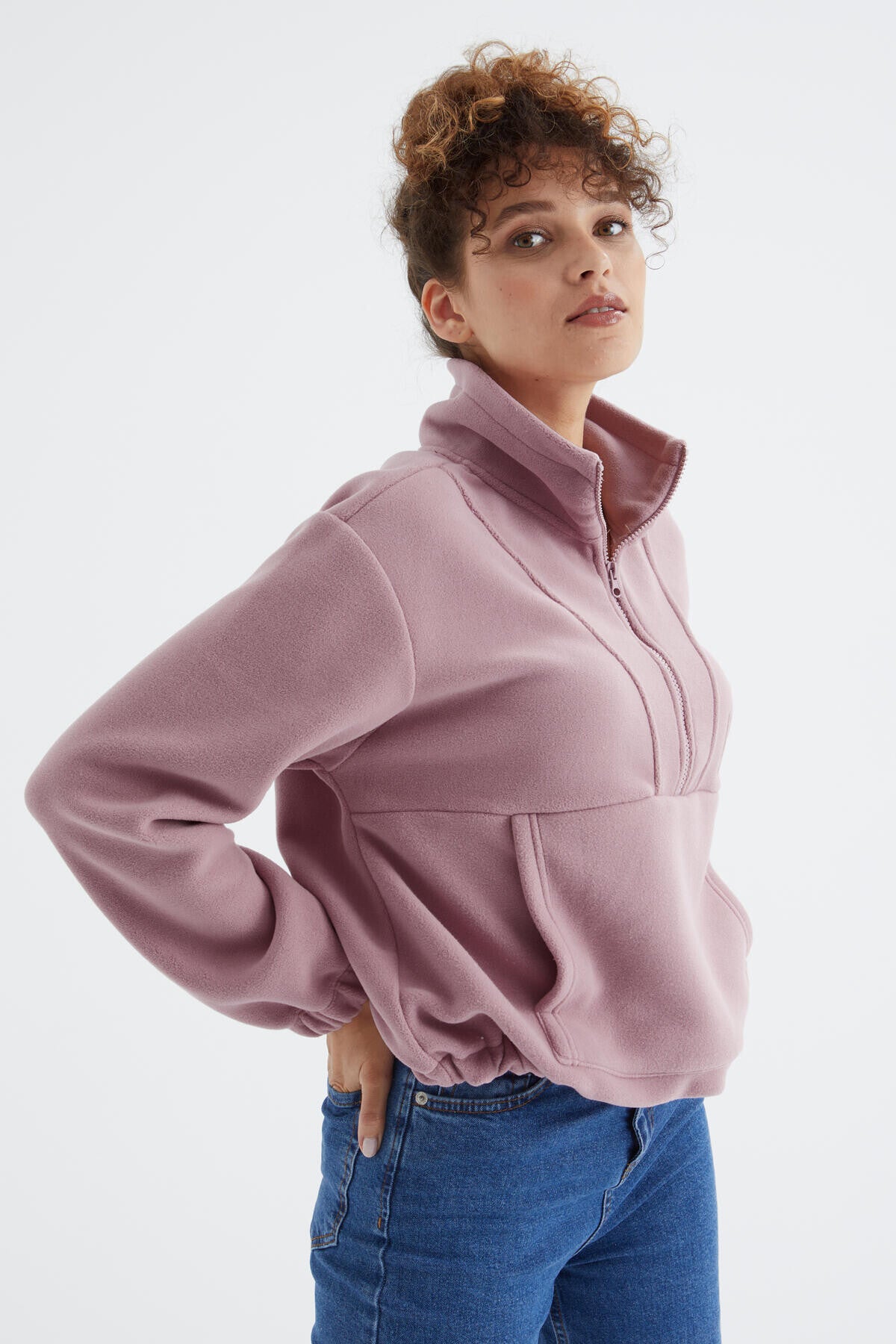 Dried Rose Half Zipper Skirt with Gathered Hem Women's Polar Oversize Sweatshirt - 97171
