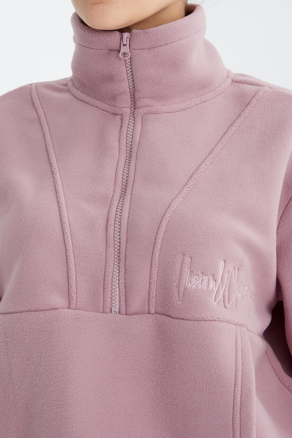 Dried Rose Half Zipper Skirt with Gathered Hem Women's Polar Oversize Sweatshirt - 97171