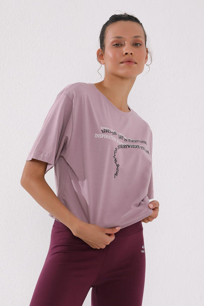 Dried Rose Print Short O Collar Women's Oversize T-Shirt - 97135