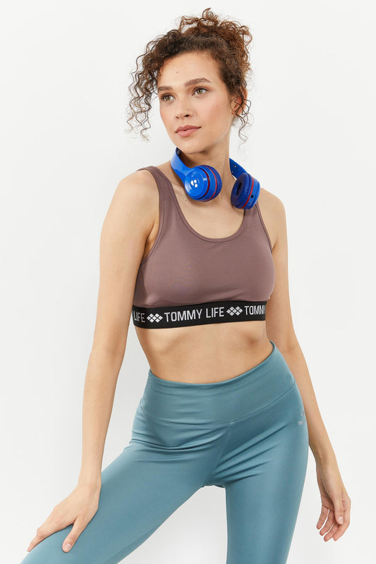 Dried Rose Writing Striped Standard Mold U Collar Women's Sports Bustier - 97113