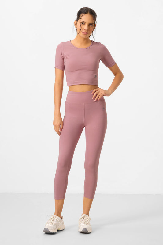 Dried Rose High Waist Capri-Crop T-Shirt Slim Fit Women's Tights Set - 95285