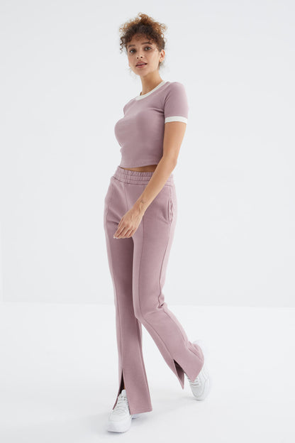 Dried Rose High Waist Front Slit Detailed Side Pocket Comfortable Fit Women's Tracksuit Bottom - 94625