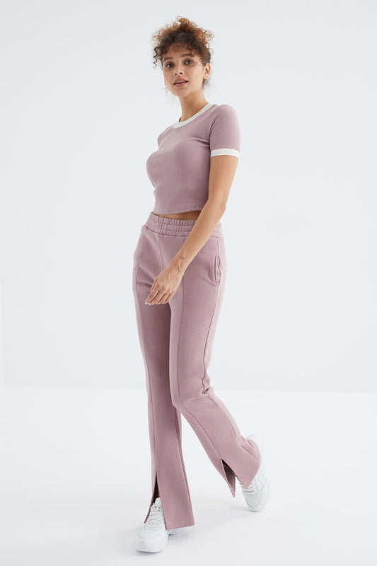 Dried Rose High Waist Front Slit Detailed Side Pocket Comfortable Fit Women's Tracksuit Bottom - 94625