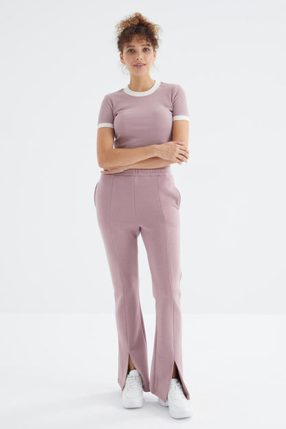 Dried Rose High Waist Front Slit Detailed Side Pocket Comfortable Fit Women's Tracksuit Bottom - 94625