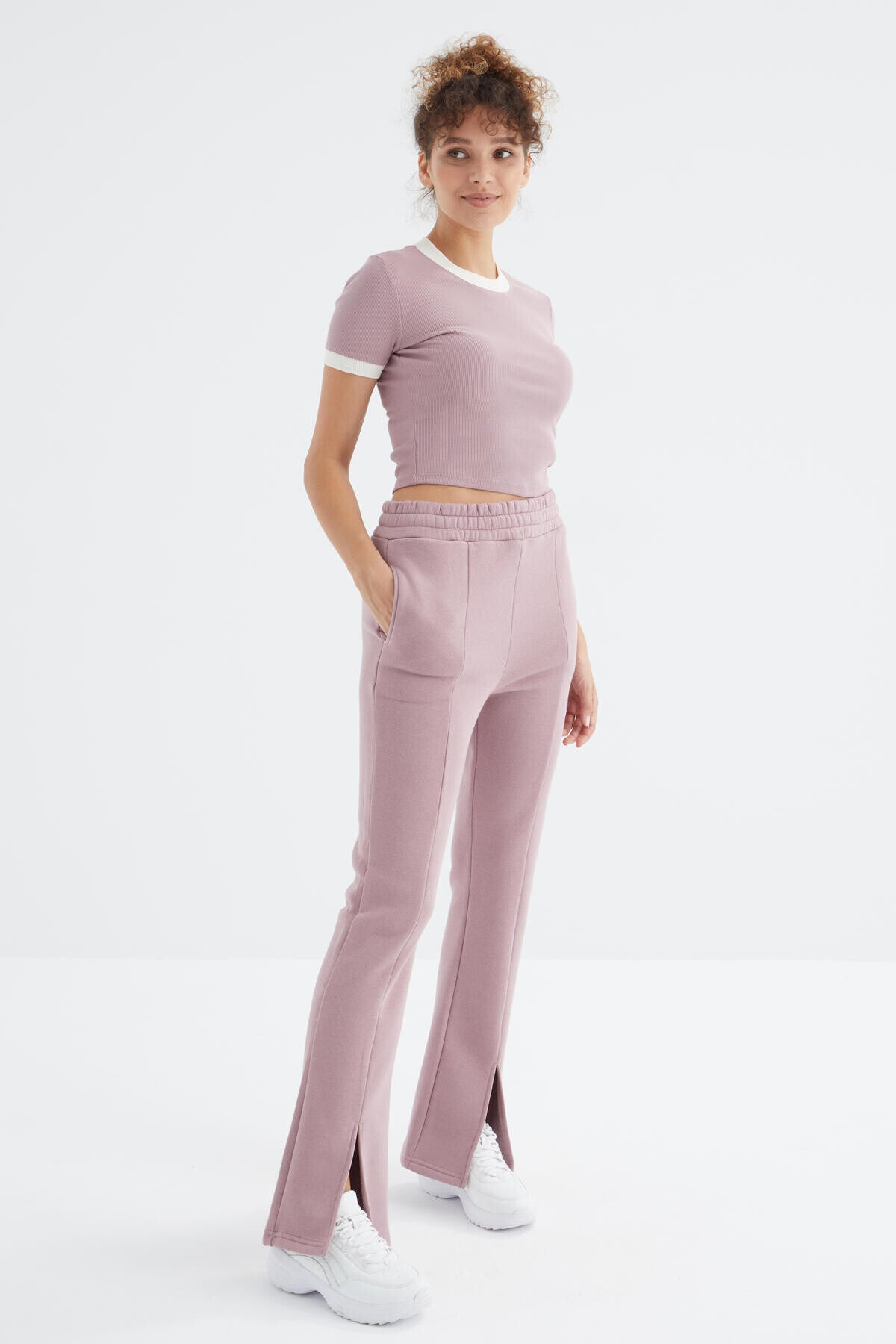 Dried Rose High Waist Front Slit Detailed Side Pocket Comfortable Fit Women's Tracksuit Bottom - 94625