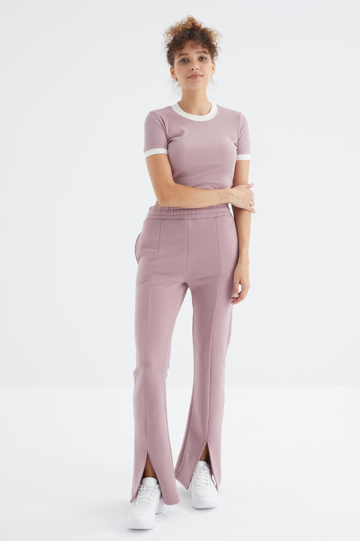 Dried Rose High Waist Front Slit Detailed Side Pocket Comfortable Fit Women's Tracksuit Bottom - 94625