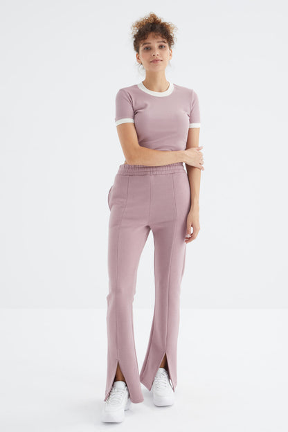 Dried Rose High Waist Front Slit Detailed Side Pocket Comfortable Fit Women's Tracksuit Bottom - 94625
