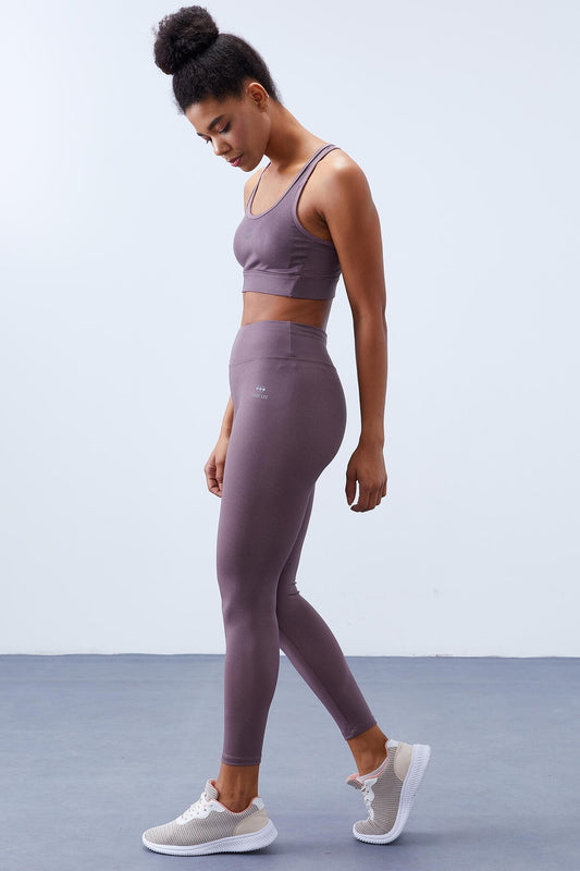 Dried Rose High Waist Wrap-up Cross Back Detailed Slim Fit Women's Tights Set - 95282