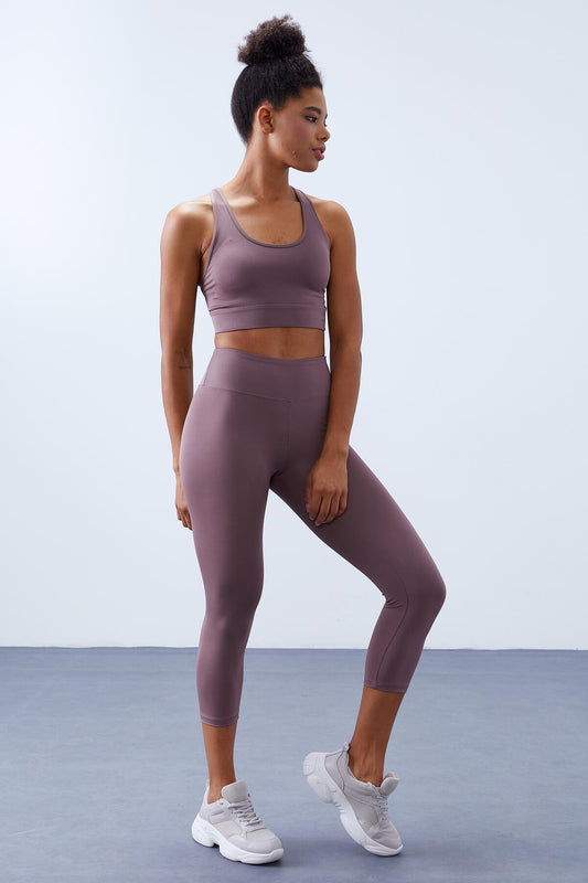 Dried Rose High Waist Wrap-up Cross Back Detailed Slim Fit Women's Tights Set - 95283