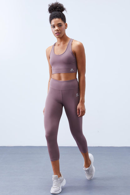 Dried Rose High Waist Wrap-up Cross Back Detailed Slim Fit Women's Tights Set - 95283