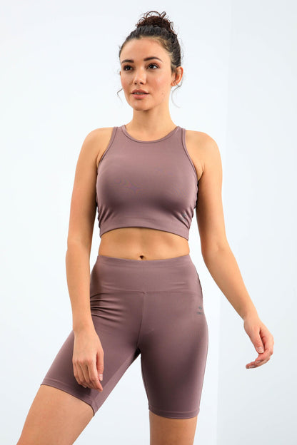 Dried Rose High Waist Wrap-up Slim Fit Crop Biker Women's Tights Set - 95302