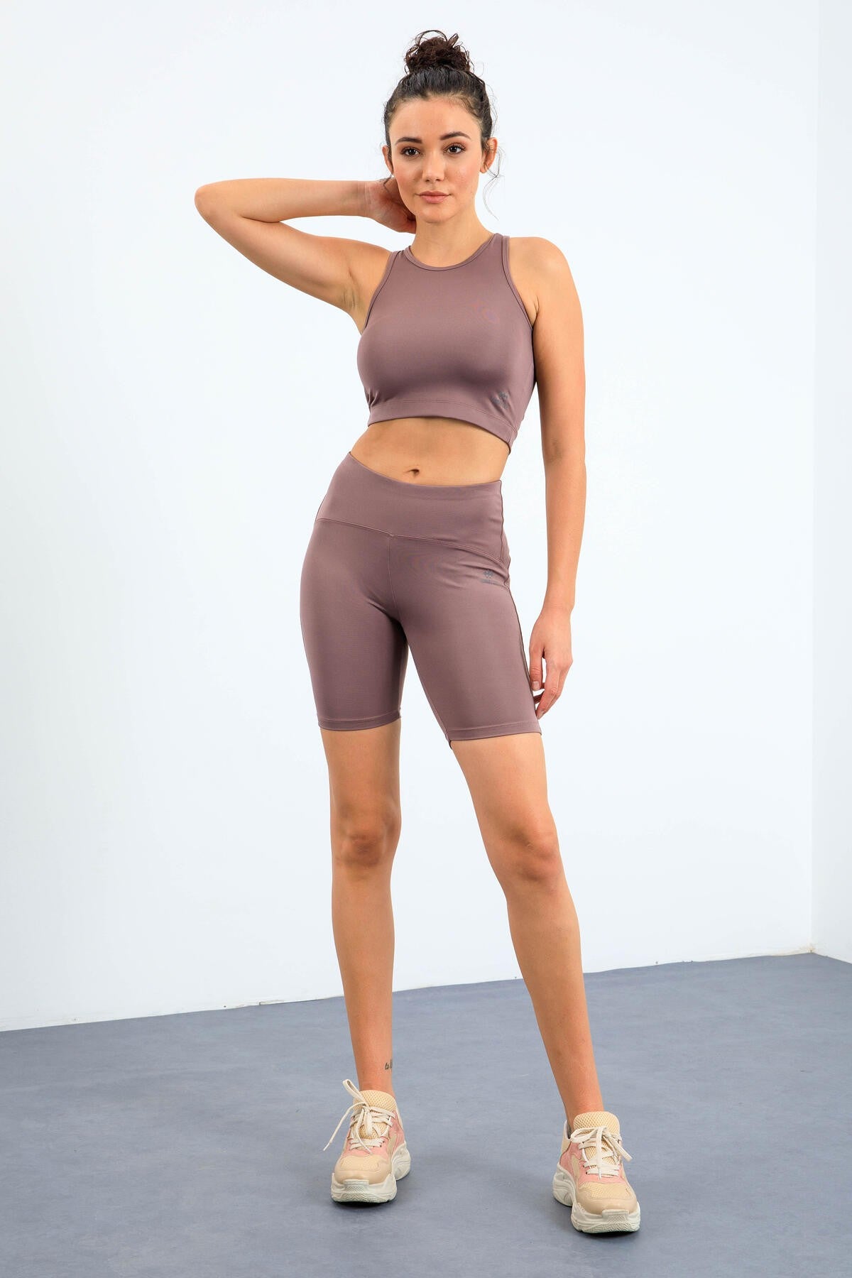 Dried Rose High Waist Wrap-up Slim Fit Crop Biker Women's Tights Set - 95302