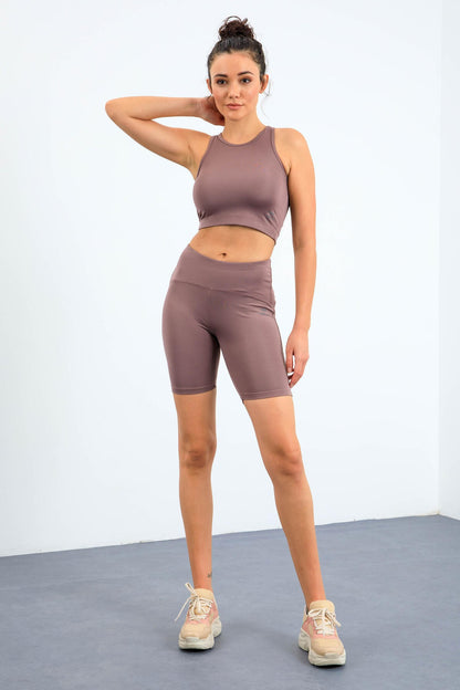Dried Rose High Waist Wrap-up Slim Fit Crop Biker Women's Tights Set - 95302