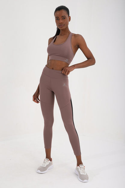 Dried Rose High Waist Wrap-up Strip Detailed Slim Fit Tapered Leg Women's Tights - 94542
