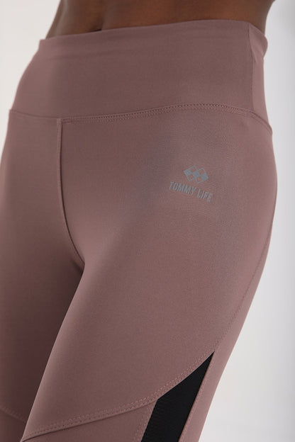 Dried Rose High Waist Wrap-up Strip Detailed Slim Fit Tapered Leg Women's Tights - 94542