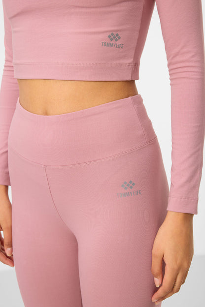 Dried Rose High Waist Long Sleeve Slim Fit Crop Top Women's Tights Set - 95286