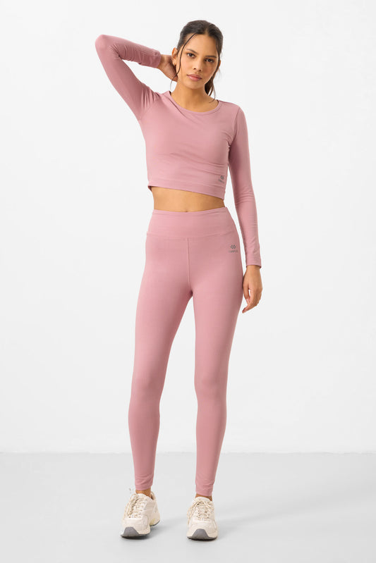 Dried Rose High Waist Long Sleeve Slim Fit Crop Top Women's Tights Set - 95286