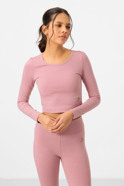 Dried Rose High Waist Long Sleeve Slim Fit Crop Top Women's Tights Set - 95286