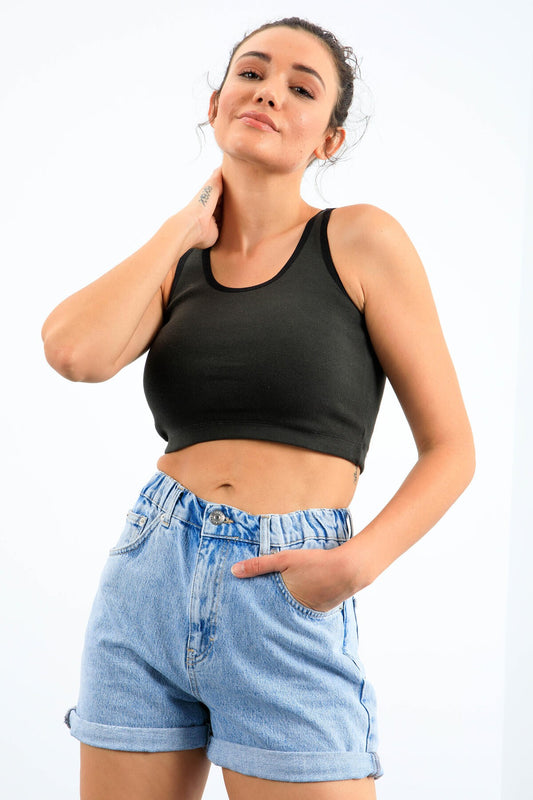 Basic Right Zero Sleeve Narrow Fit U Neck Women's Crop Top Singlet - 97162