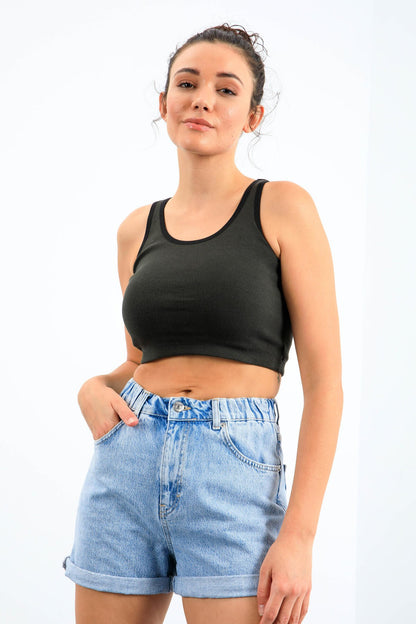 Basic Right Zero Sleeve Narrow Fit U Neck Women's Crop Top Singlet - 97162