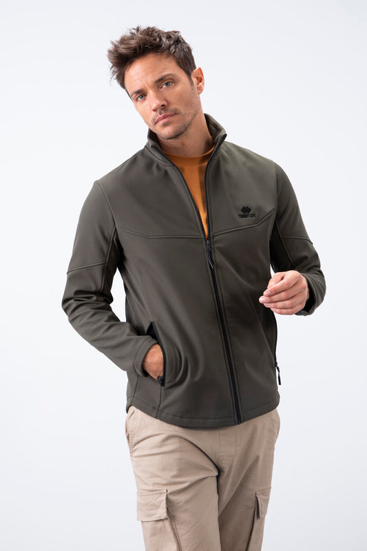 Zipper Front Stand Collar Water and Windproof Softshell Men's Jacket - 88050