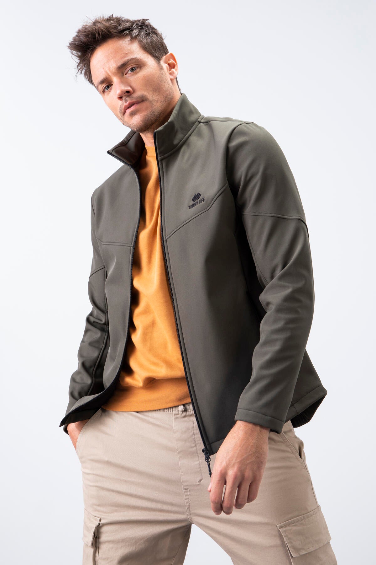 Zipper Front Stand Collar Water and Windproof Softshell Men's Jacket - 88050