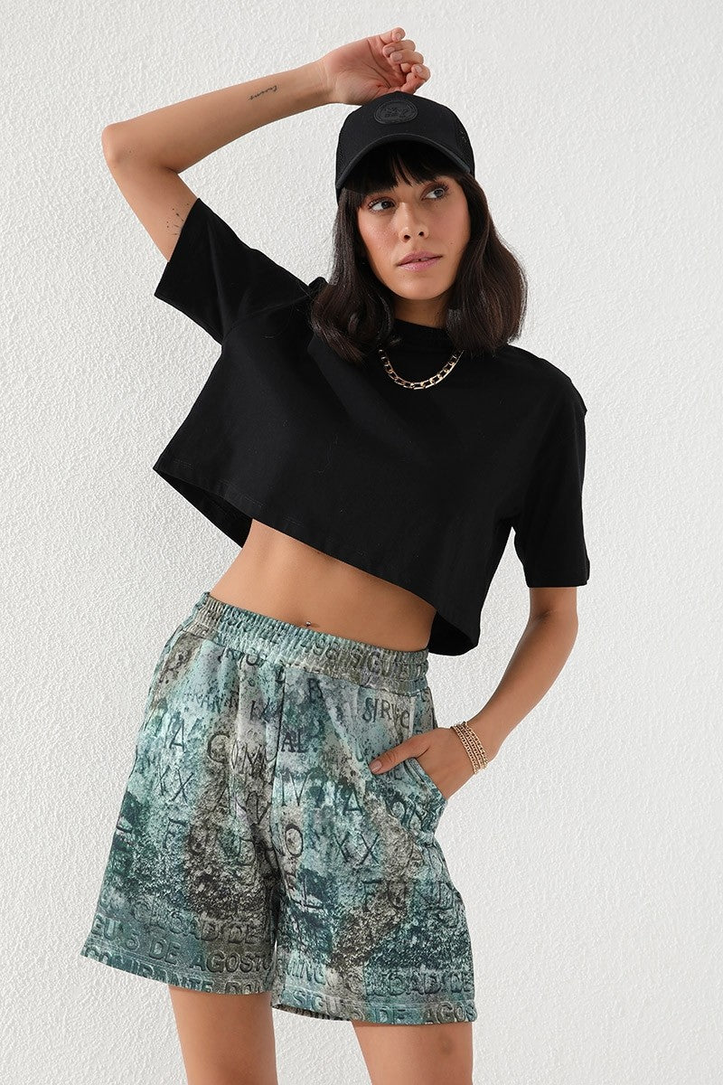 Print Lettering Embroidered Comfortable Fit Bermuda Women's Shorts - 91004