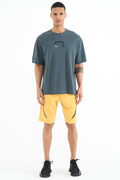 Mustard Print Detail Logo Embroidered Standard Fit Men's Shorts - 81252
