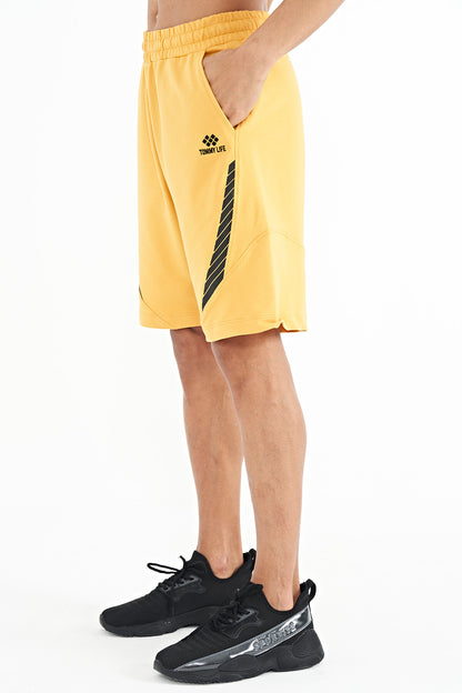 Mustard Print Detail Logo Embroidered Standard Fit Men's Shorts - 81252